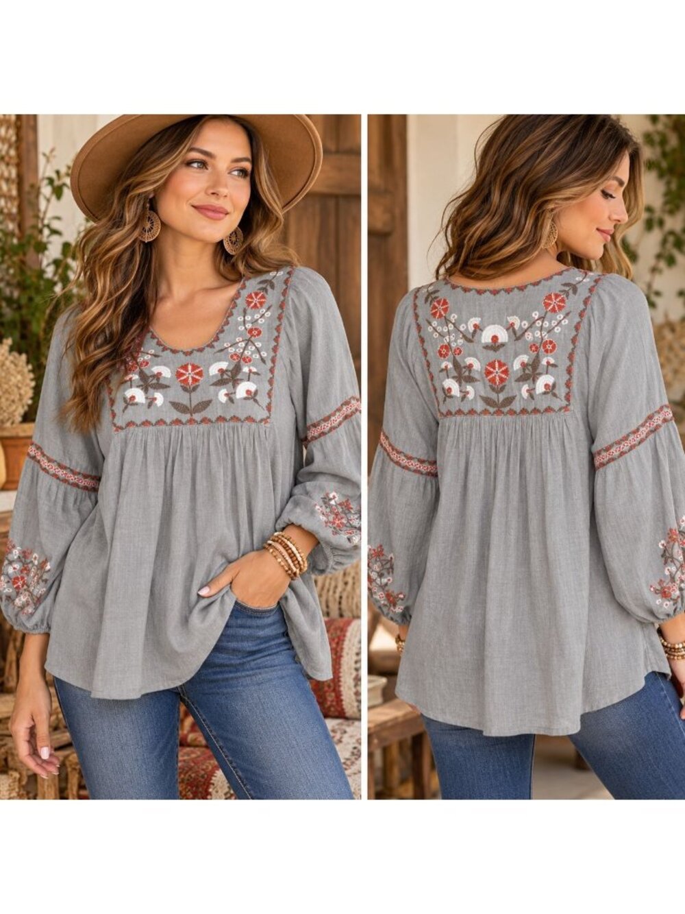 Max Studio Womens S Gray Embroidered Boho Tunic Top Balloon Sleeve Peasant